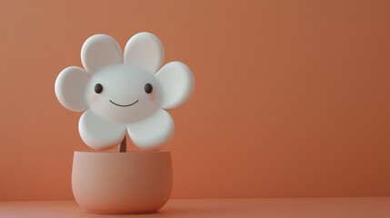 Poster - cute minimalistic white flower with smile in simple pot design