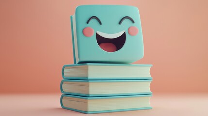 Wall Mural - cute minimalistic character faces on simple stack of books in soft colors