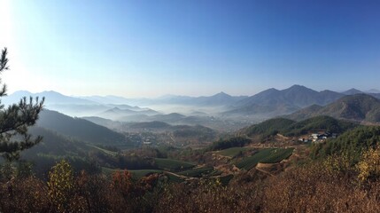 Aufkleber - Majestic mountain landscape at dawn with mist covering valleys in serene rural area. Generative AI