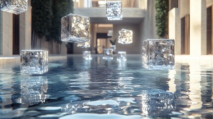 Sticker - floating geometric shapes above water surface in 3d rendering