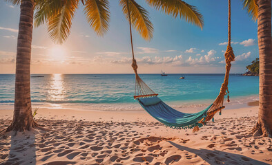 Poster - A blue hammock is hanging over the beach, with the sun setting in the background. The hammock is suspended over the water, and there are palm trees in the distance. The scene is peaceful and relaxing