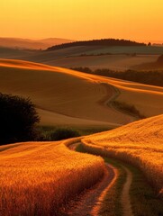 Aufkleber - Golden fields and winding paths under a stunning sunset in the countryside. Generative AI