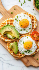 Wall Mural - Elegant breakfast board featuring waffles topped with cream cheese, avocado, tomatoes, and sunny-side-up eggs on a marble background