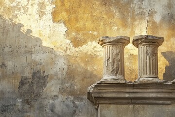 Wall Mural - Two weathered stone columns stand against a textured, aged wall, bathed in sunlight.