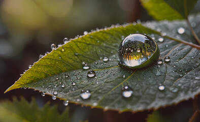 Poster - A leaf with water droplets on it. The droplets are small and scattered, giving the impression of a light rain. The leaf is green and he is fresh and healthy
