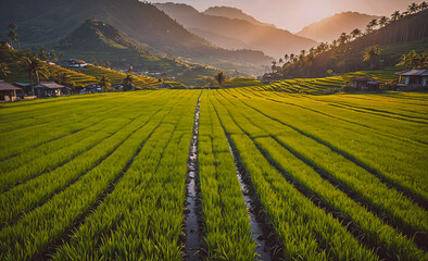 Poster - A field of green grass with a mountain in the background. The field is very large and is full of grass
