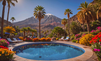 Fototapete - A beautiful pool surrounded by palm trees and flowers. The pool is surrounded by a lush green garden and has a mountain in the background. The scene is serene and peaceful, with the blue water