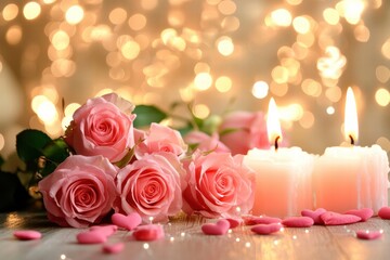 Poster - Romantic arrangement of pink roses and candles creating a cozy atmosphere for a special evening. Generative AI