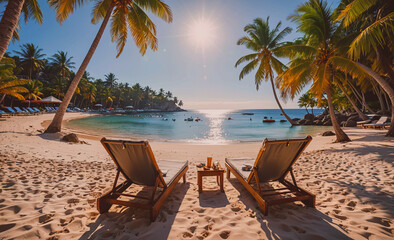 Fototapete - Two beach chairs are set up on the sand, facing the ocean. The chairs are empty, and there is a table with a drink on it. The scene is peaceful and relaxing, with the sound of the waves in the