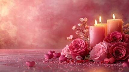 Poster - Romantic arrangement of candles and pink roses for a cozy evening setting in soft lighting. Generative AI