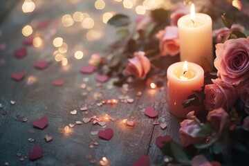 Poster - Romantic candlelight setting with roses and sparkling decorations for a special evening occasion. Generative AI