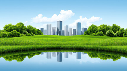 Wall Mural - Lush green landscape with city skyline reflection in water