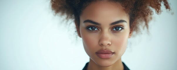 Portrait of young african female with curly hair and intense gaze