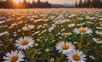 Poster - A field of white daisies with the sun shining on them. The sun is in the background and the flowers are in the foreground