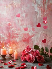 Poster - Romantic setup with pink roses, candles, and heart shaped decorations ideal for celebrations or intimate evenings. Generative AI