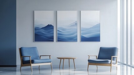 Wall Mural - serene mountain silhouette posters on wall in modern living room setting