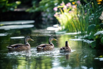 Poster - Ducks swim gracefully in a tranquil pond surrounded by vibrant flowers and lush greenery during a sunny afternoon. Generative AI