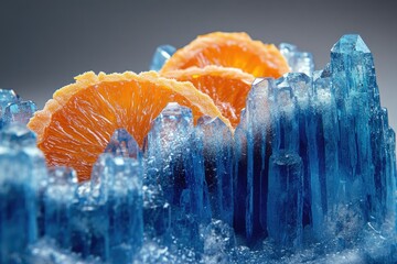Poster - Frozen orange slices nestled amongst vibrant blue ice crystals, a captivating contrast of warmth and coolness.