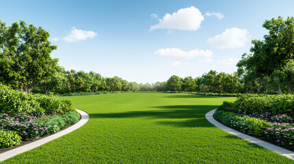 Wall Mural - Lush green park with trees and pathways under clear sky