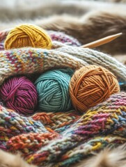 Poster - Colorful yarn balls and knit fabric arranged together in a cozy setting during a crafting session. Generative AI