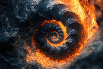 Aufkleber - Fiery spiral of volcanic rock, a mesmerizing inferno swirling within a dark, textured stone.