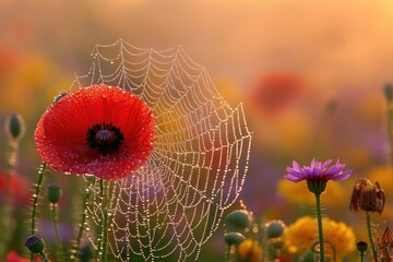 Poster - Dew-kissed spiderweb delicately draped over a vibrant red poppy in a sunlit meadow.