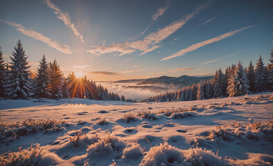Poster - A snowy field with trees in the background and a bright sun in the sky. The sun is shining on the snow, creating a beautiful and serene atmosphere