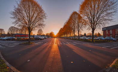 Poster - A street with a lot of trees and cars parked on the side. The sun is setting and the sky is orange