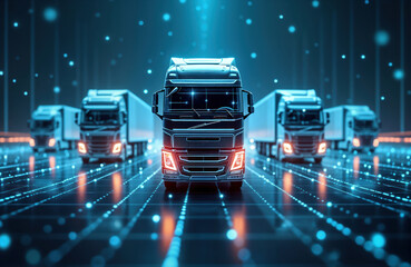 Aufkleber - Modern tech logistics network. AI-powered cargo transport trucks. Import export industry. Optimized transportation. Smart system. Future of freight industry. Automated vehicles. Fleet management.
