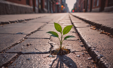 Wall Mural - A small plant is growing in the middle of a sidewalk. The plant is surrounded by cracks in the sidewalk, and it is struggling to grow. Concept of resilience and determination