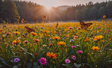 Poster - A field of flowers with butterflies flying around. The sun is shining brightly, creating a warm and inviting atmosphere