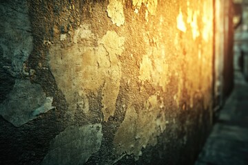 Aufkleber - A textured wall with peeling paint, showing age and decay, illuminated by warm sunlight.