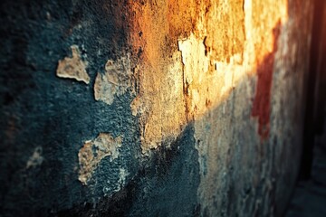 Aufkleber - Weathered wall texture with peeling paint, illuminated by warm sunlight, creating a dramatic contrast of colors and textures.