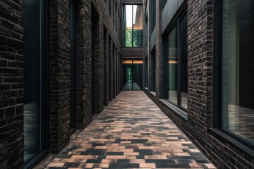 Modern architectural corridor featuring dark brick walls and large windows in a contemporary building at midday with natural light illuminating the walkway