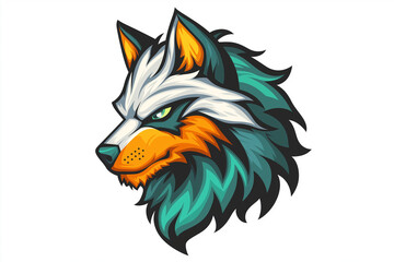  A cartoonish wolf with a green and blue mane and a yellow eye. Generative Ai.