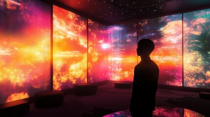 Silhouette of an individual in a digital landscape filled with colorful, illuminated data screens.