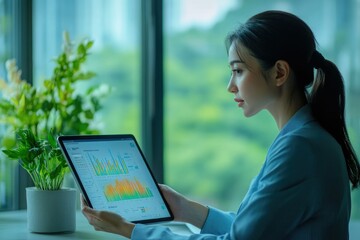 Fototapete - A young businesswoman analyzes data on her tablet, focusing intently on financial charts and graphs.