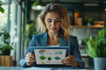 Fototapete - A businesswoman reviews financial data on a tablet, analyzing charts and graphs in a modern office setting.