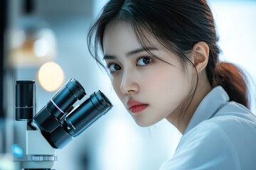 Aufkleber - A young woman scientist intently looks through a microscope, focused on her research in a laboratory setting.