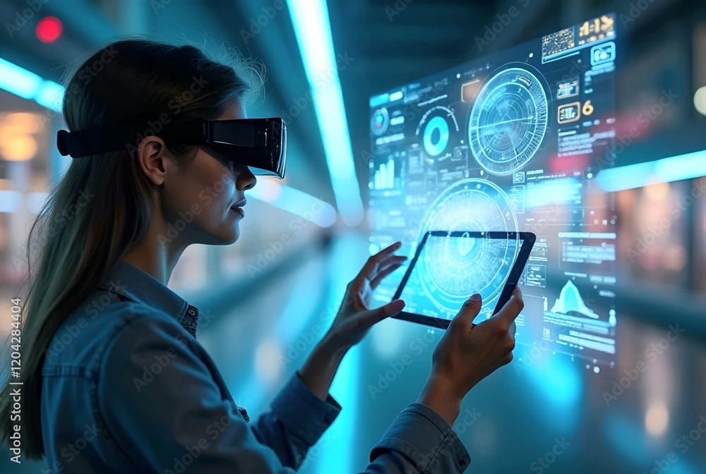 A person in a modern office using augmented reality (AR) through smart ...