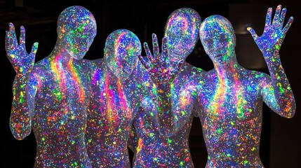 Wall Mural - holographic figures with hands up in colorful neon display