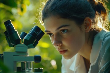 Aufkleber - Young woman scientist intensely focused on microscopic research, illuminated by sunlight.