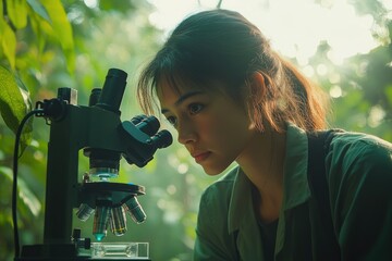 Aufkleber - A young female scientist meticulously examines a sample under a microscope in a lush green forest.
