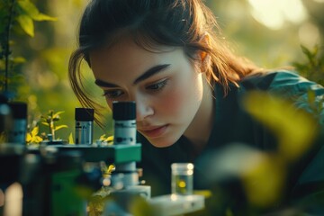 Aufkleber - Young female scientist intently examines samples through a microscope in a natural outdoor setting.