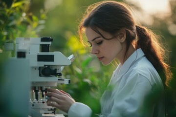 Aufkleber - A young female scientist uses a microscope outdoors, focused on her research in a natural setting.