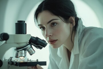 Aufkleber - A focused female scientist meticulously examines a sample under a high-powered microscope in a laboratory setting.