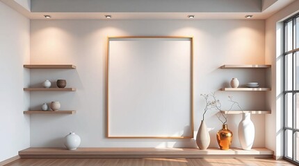 Wall Mural - Interior of a shop, a modern bathroom, a contemporary store, or a stylish living room featuring a blank frame on the wall for copy space.