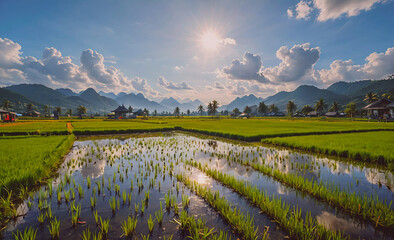 Poster - A field of rice paddies with a large body of water in the middle. The sun is shining brightly, creating a peaceful and serene atmosphere