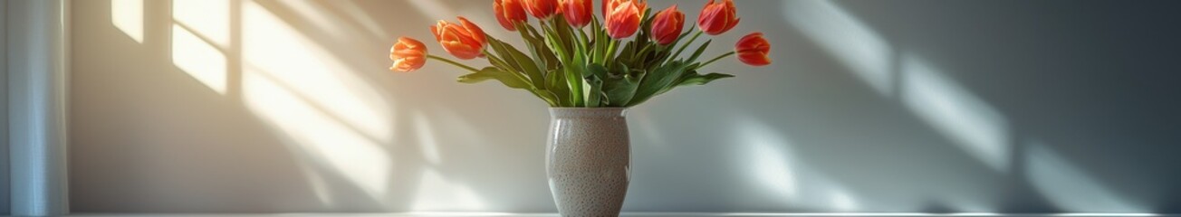 Wall Mural - Vibrant orange tulips in elegant vase with sunlit shadows on gray background