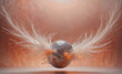 © Morten - A silver ball with feathers surrounding it. The feathers are in different sizes and are scattered around the ball. The image has a dreamy and surreal feel to it, as if the feathers are floating in the